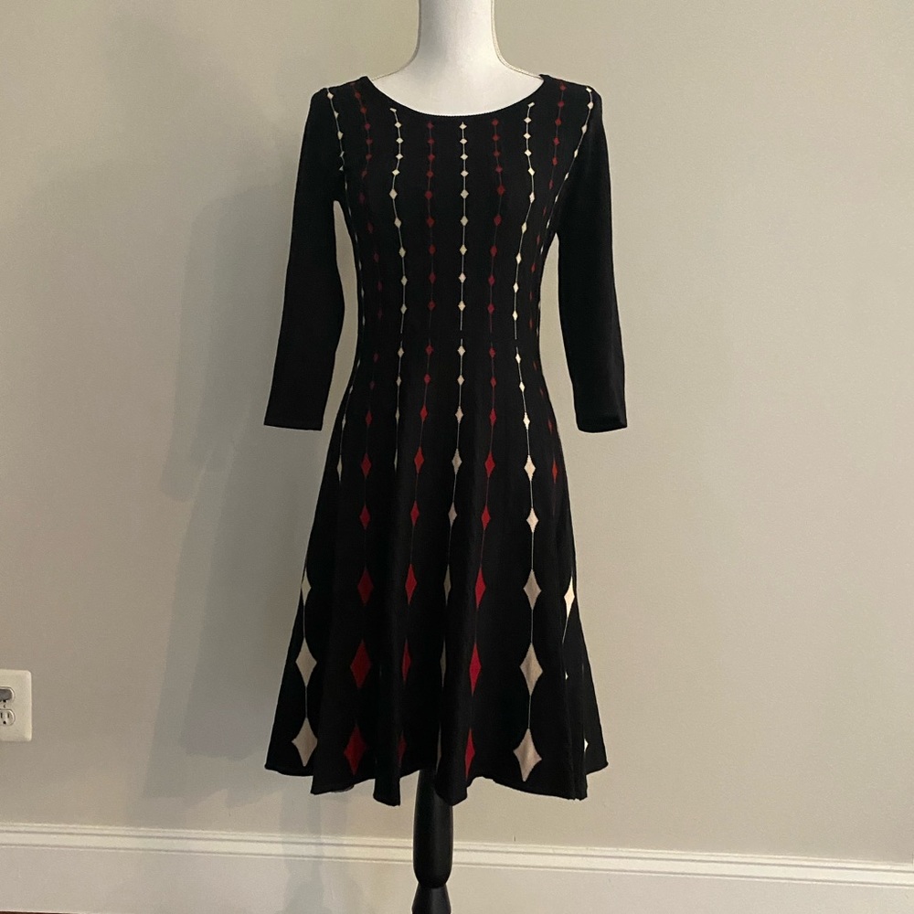 Sweater Dress. Black with Red & Cream Stripes. Size M